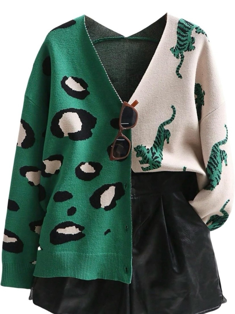 (NWT) Women’s Two-Tone Leopard & Tiger Print Cardigan Sweater - Green & Cream